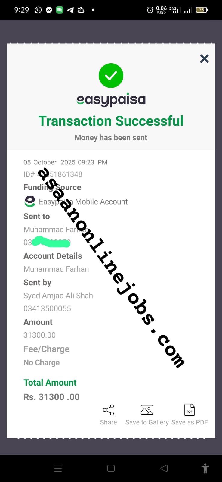 Payment Proof Rs.31,300