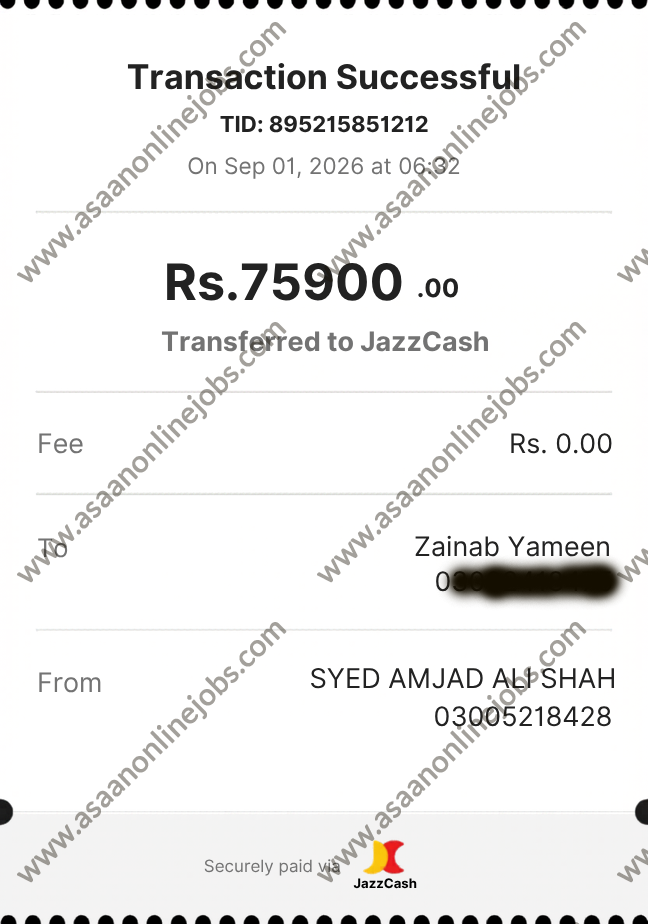 Payment proof shared by AsaanOnlineJobs member — Add Watch Earning Package 3 Rs.75,900