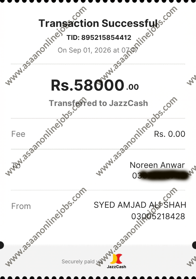 Payment proof shared by AsaanOnlineJobs member — Assignment Writing Package 3 Rs.58,000