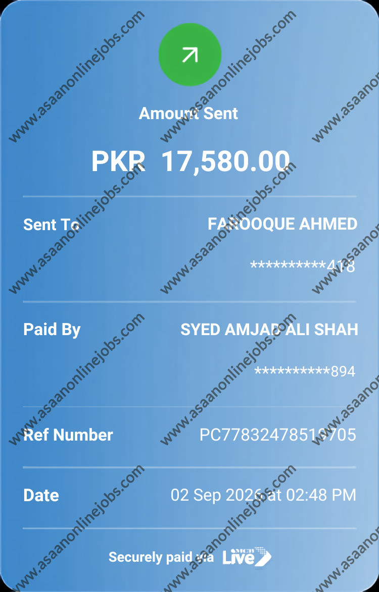 Payment proof shared by AsaanOnlineJobs member — Add Watching Earning Package 2 Rs.17,580
